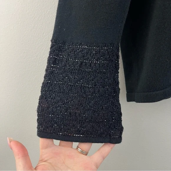 AKRIS PUNTO Women’s Black Cotton V Neck Casual Crochet Bell Sleeve Sweater - Picture 4 of 9